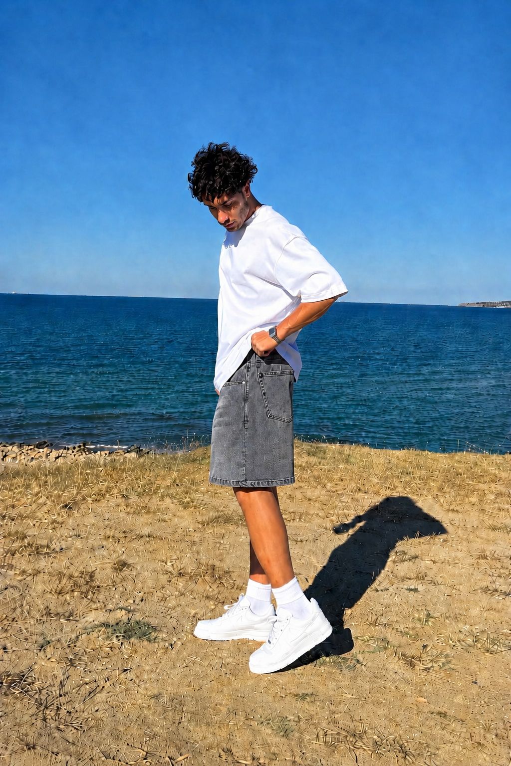 Dark Gray Washed Baggy Denim Short