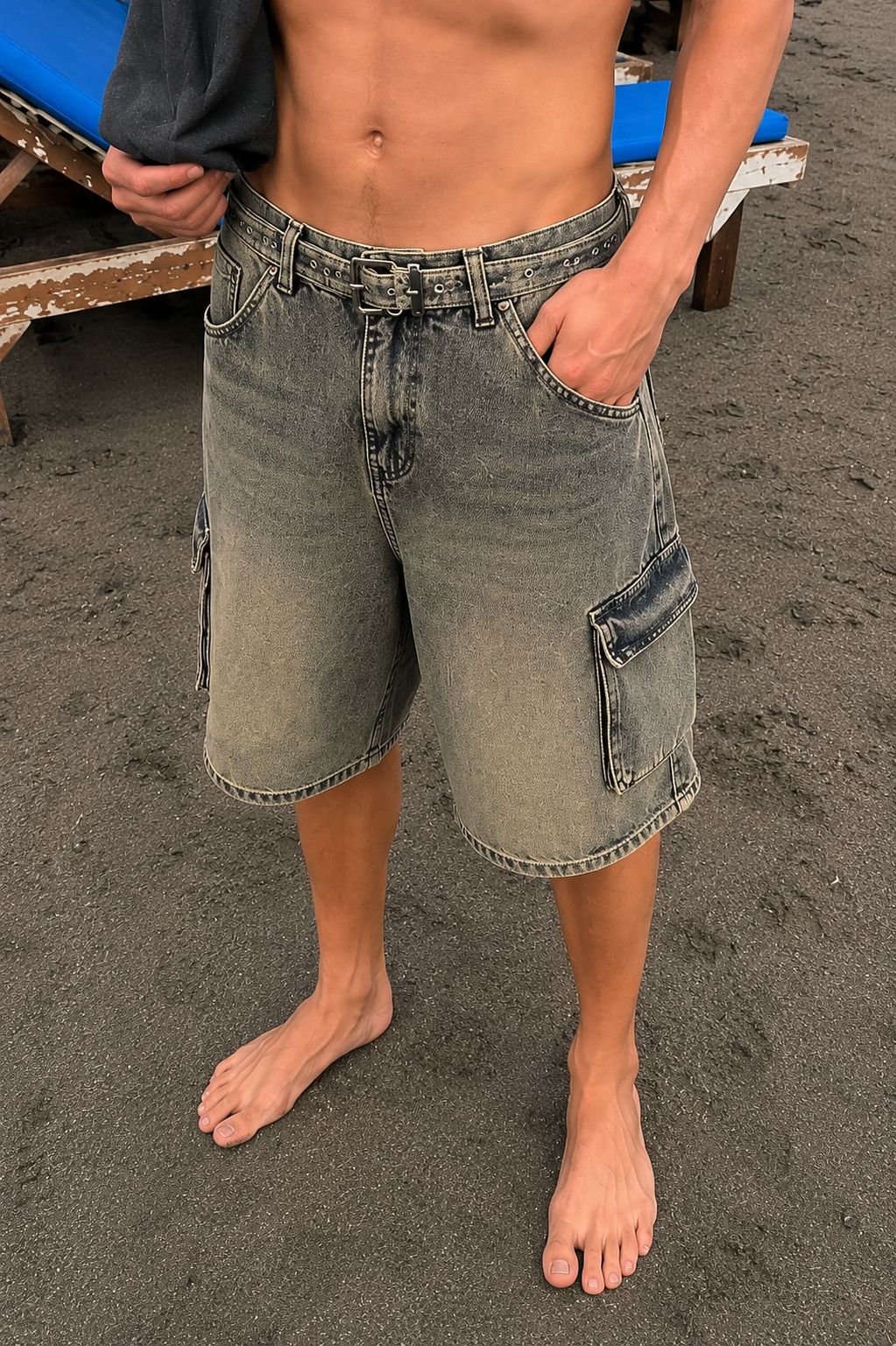 Dirty Blue Washed Cargo Denim Short