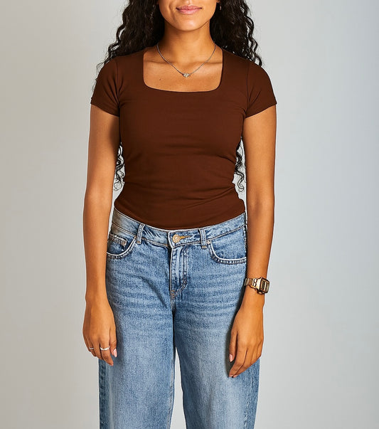 Dark Brown Square Neck Cotton Basic Top – Double Layered |