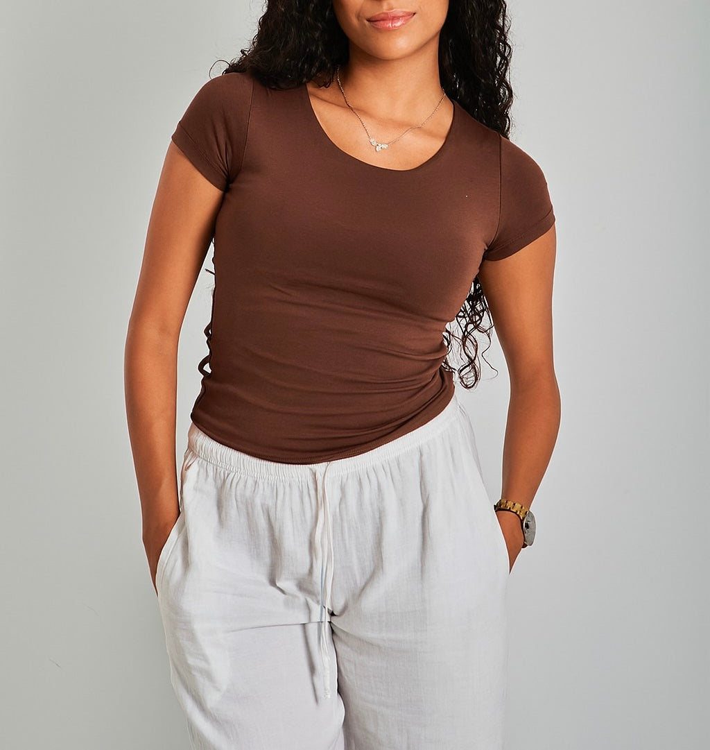 Brown U -Shaped Neck Cotton Basic Top – Double Layered |