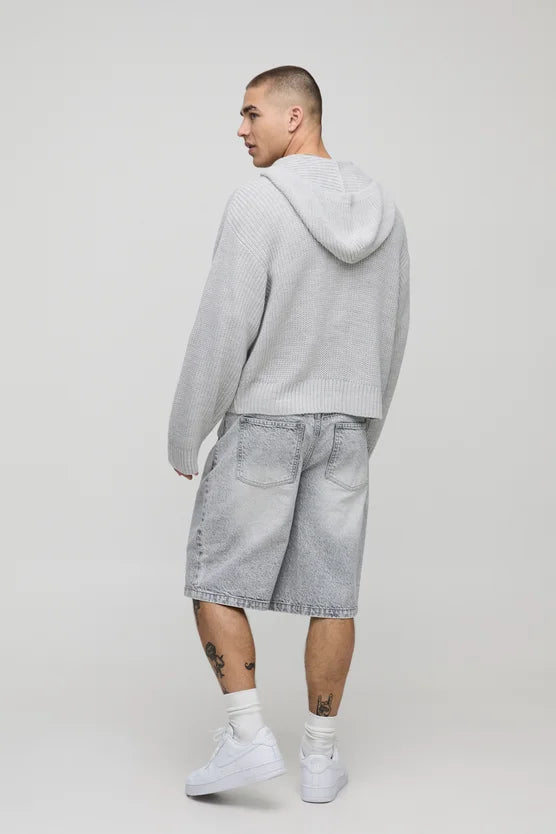 Premium Knitted Zip Up Hoodie - In Gray