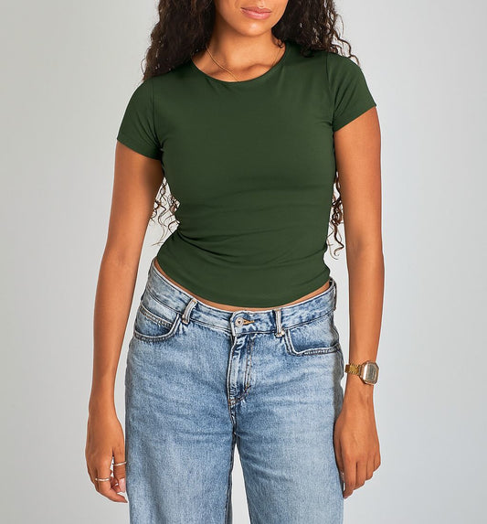 Army Green Round Neck Cotton Basic Top – Double Layered |