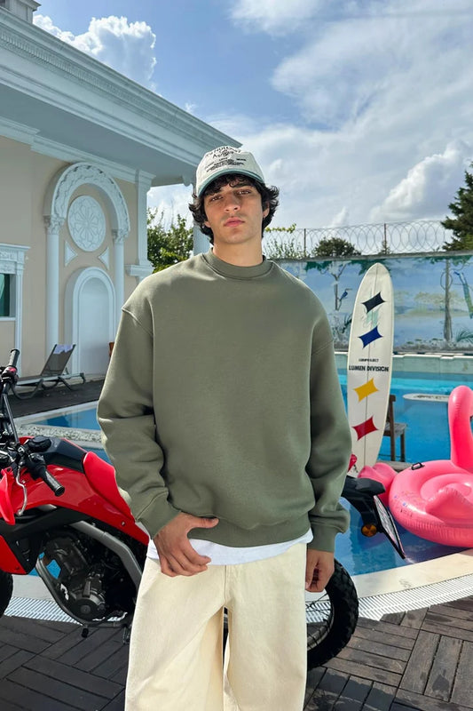 Army Green Basic Oversized Crew Neck Sweater