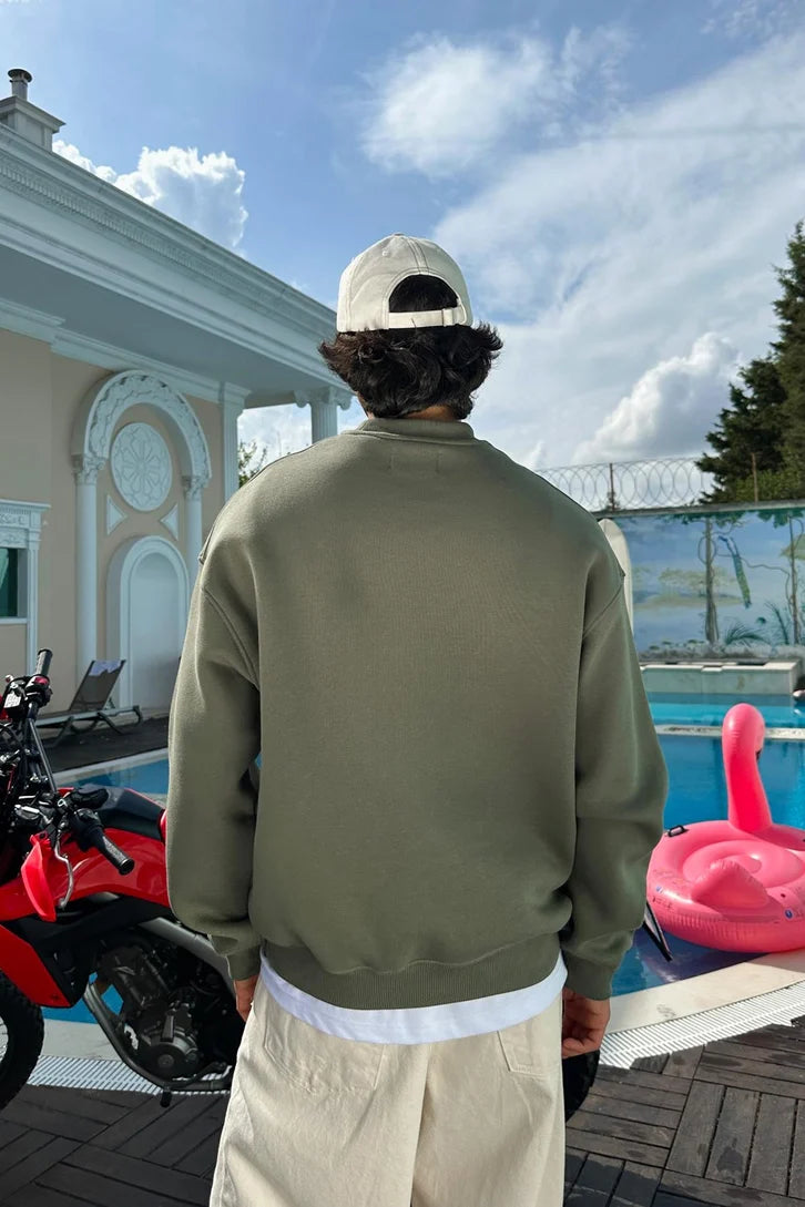 Army Green Basic Oversized Crew Neck Sweater
