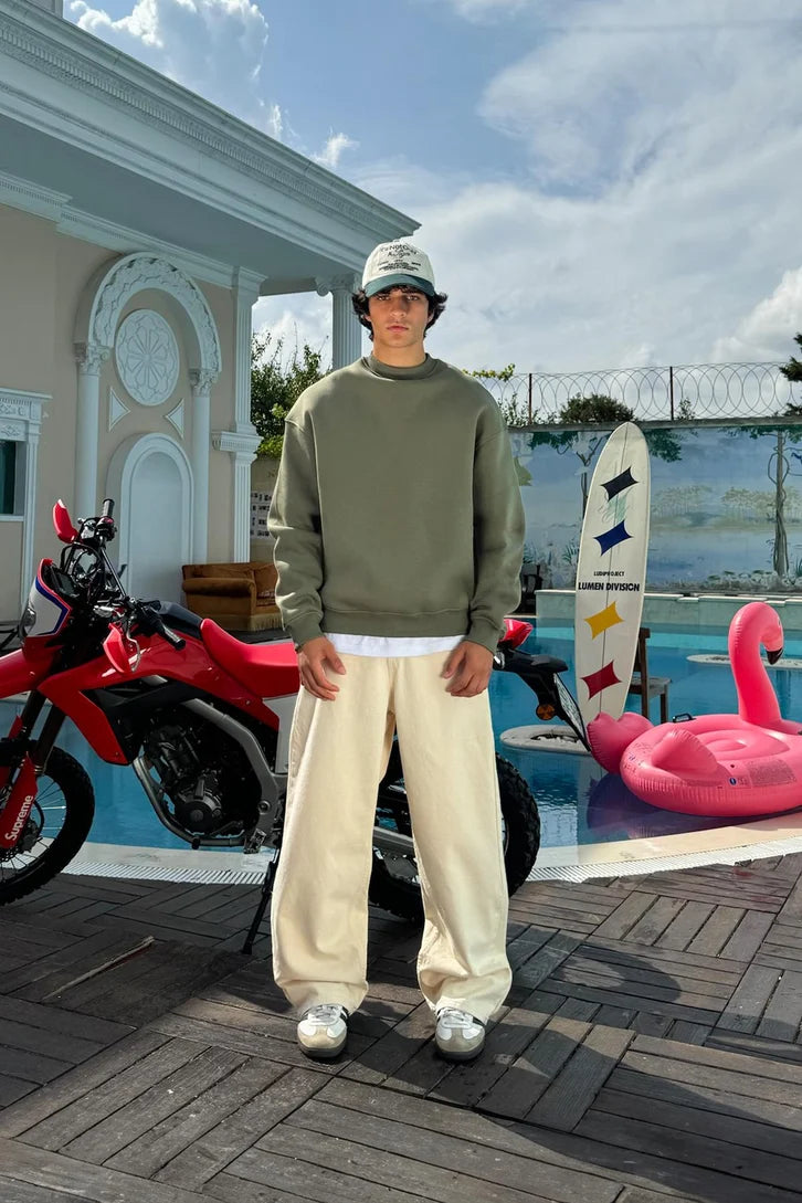 Army Green Basic Oversized Crew Neck Sweater