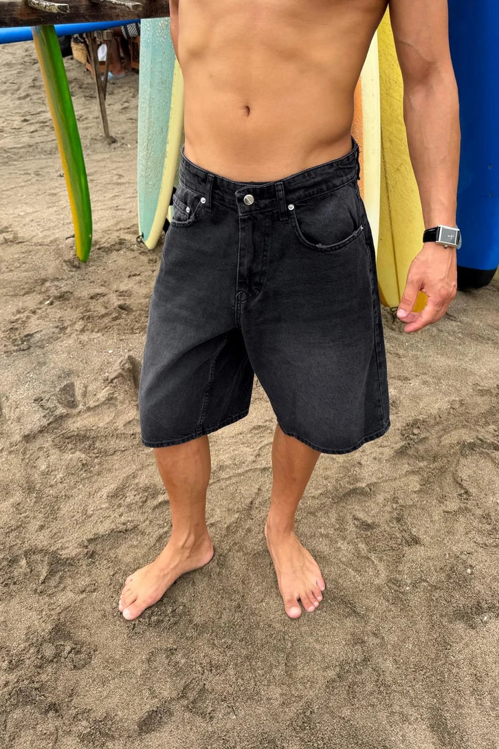 Black Washed Baggy Denim Short