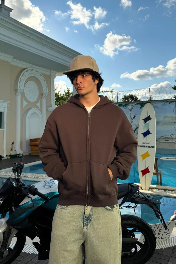 Premium Heavy Full Zip Hoodie - In Brown
