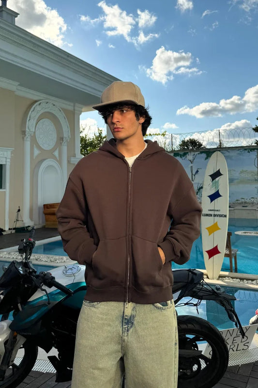 Premium Heavy Full Zip Hoodie - In Brown