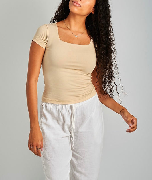 Biege Square Neck Cotton Basic Top – Double Layered |