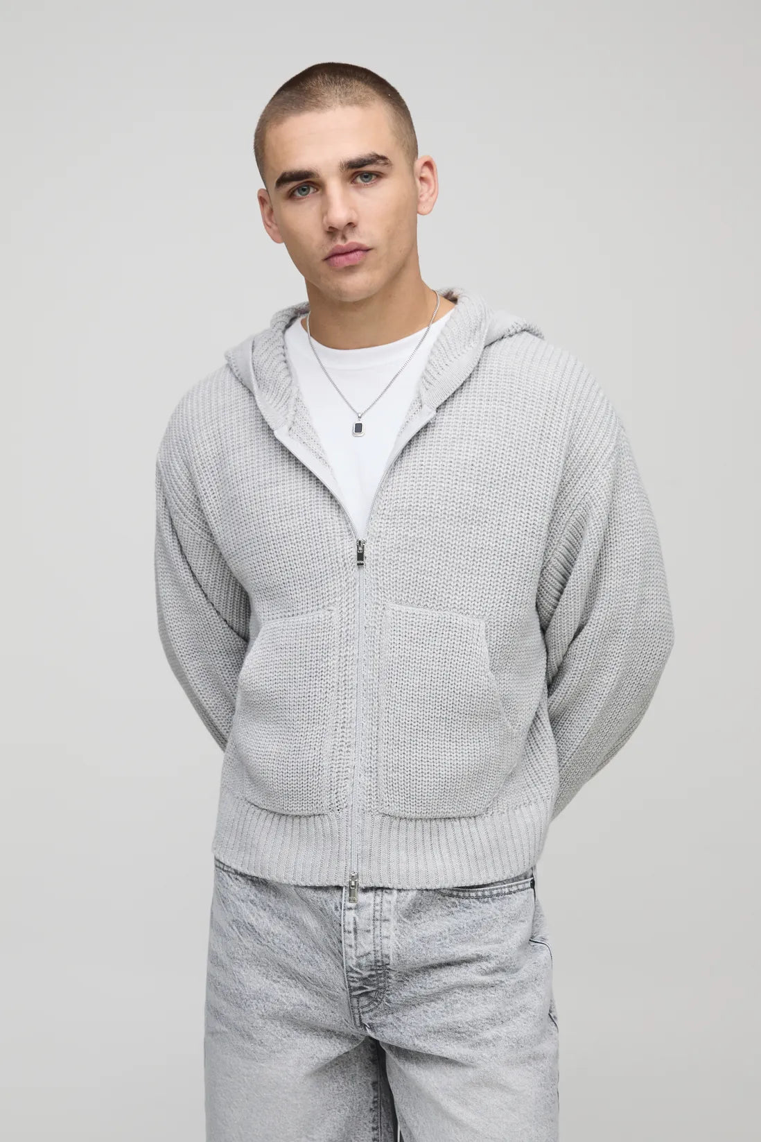 Premium Knitted Zip Up Hoodie - In Gray