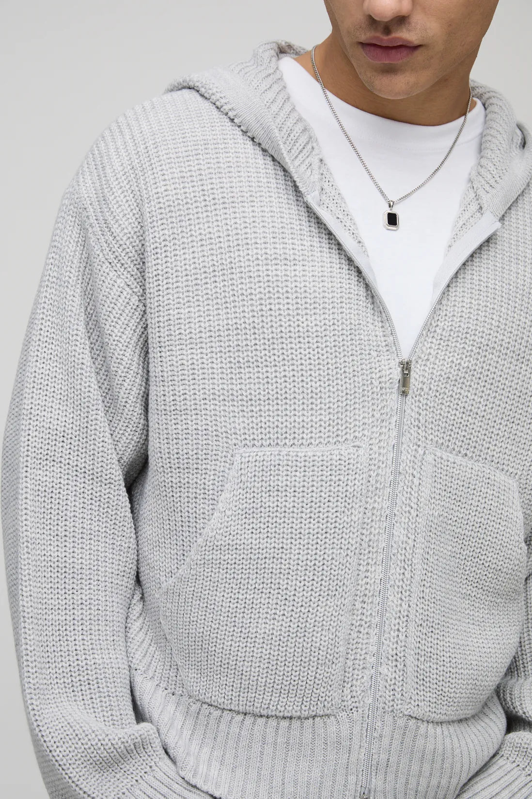 Premium Knitted Zip Up Hoodie - In Gray