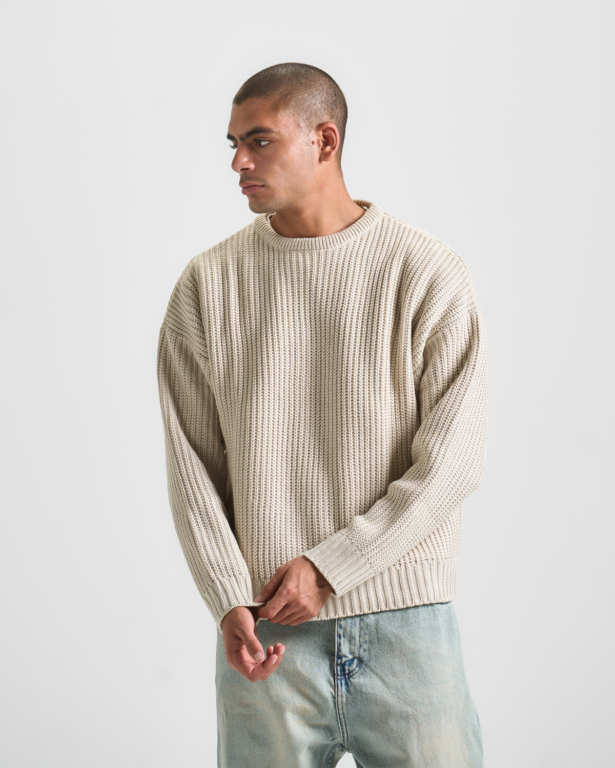 Biege Knit Crewneck Sweater
