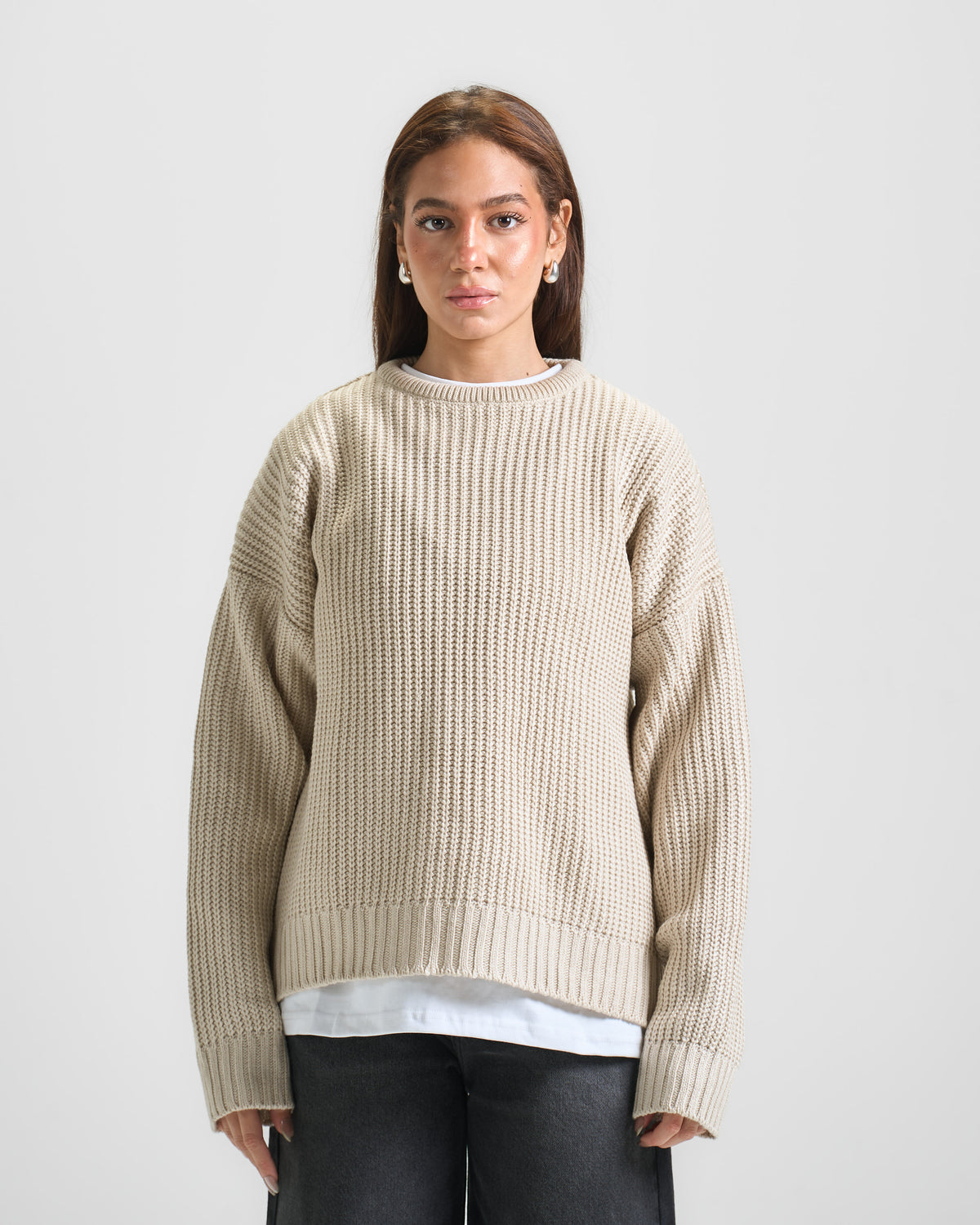 Biege Knit Crewneck Sweater