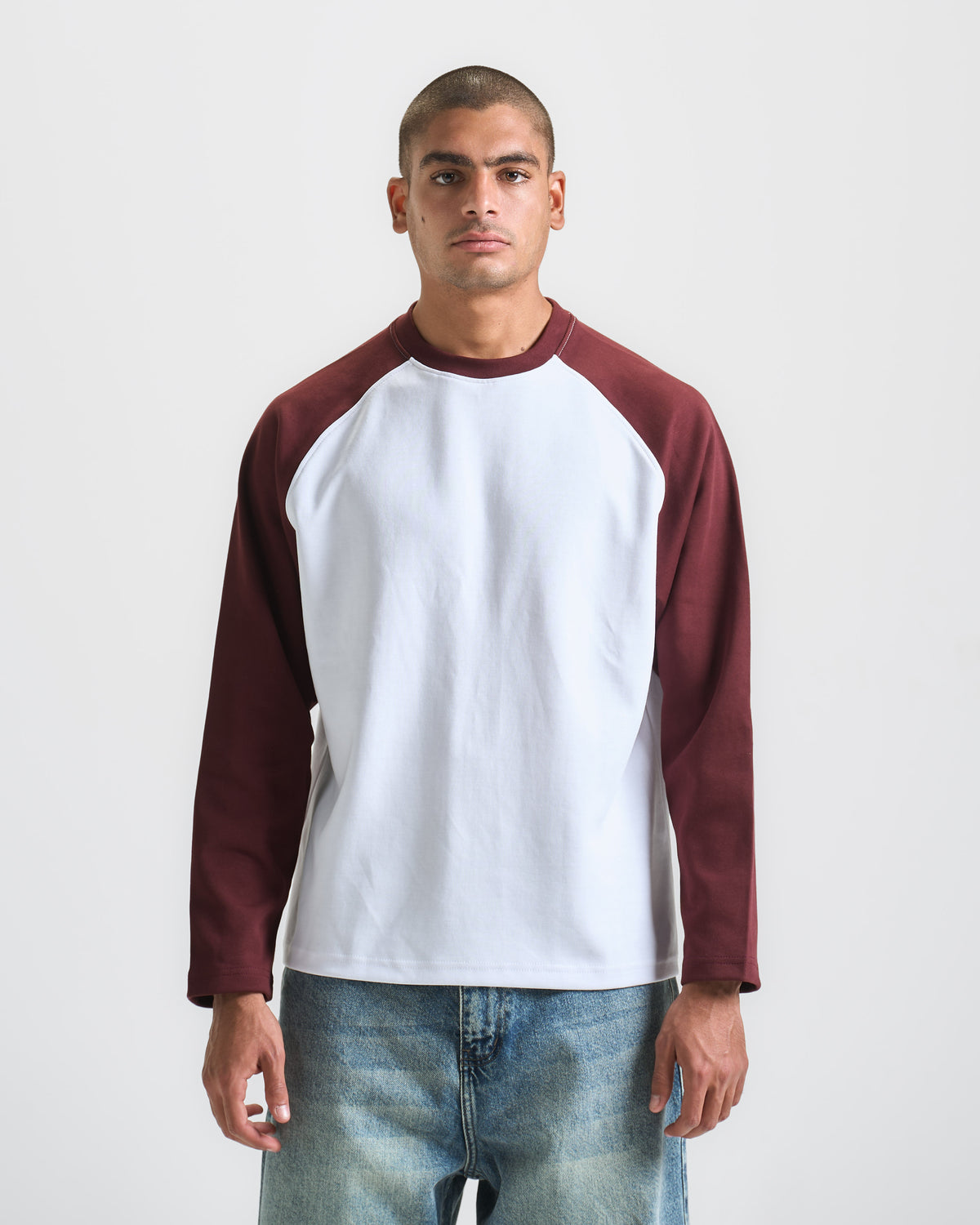 Burgendy X White Raglan tee
