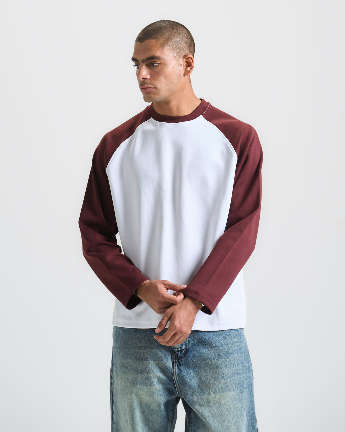 Burgendy X White Raglan tee