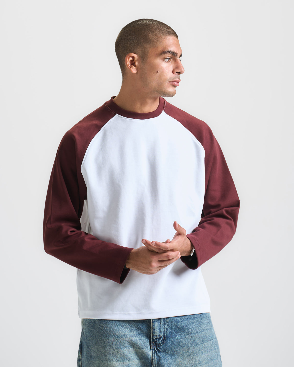 Burgendy X White Raglan tee