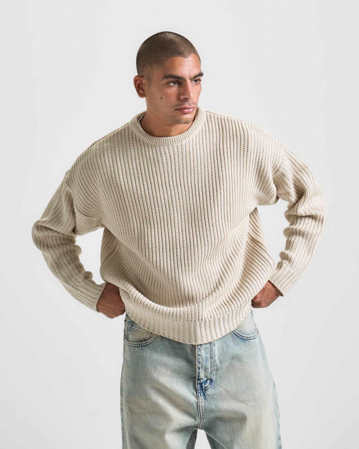 Biege Knit Crewneck Sweater