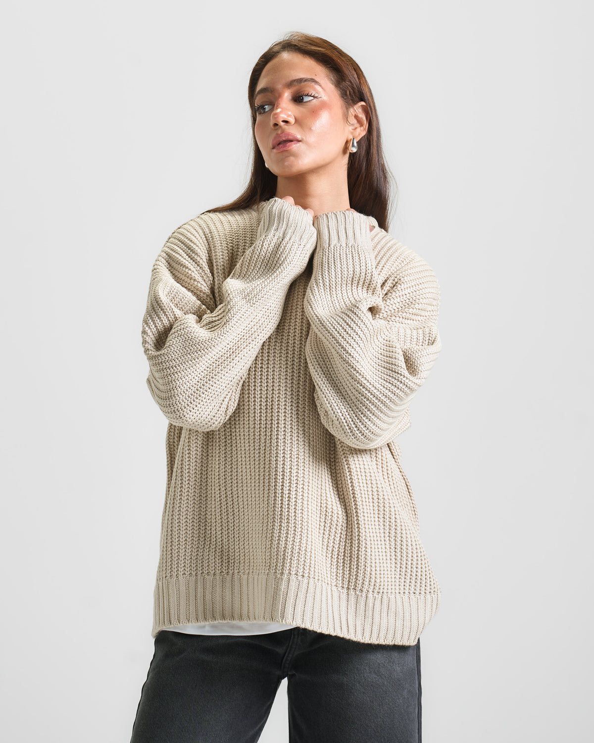Biege Knit Crewneck Sweater