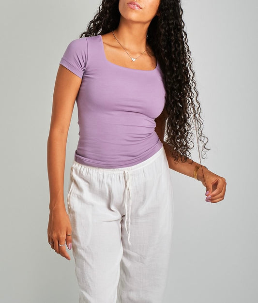 Lavender Square Neck Cotton Basic Top – Double Layered |