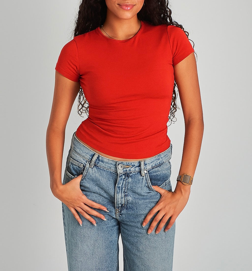 Red Round Neck Cotton Basic Top – Double Layered |