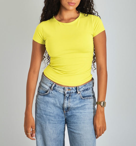 Yellow Round Neck Cotton Basic Top – Double Layered |