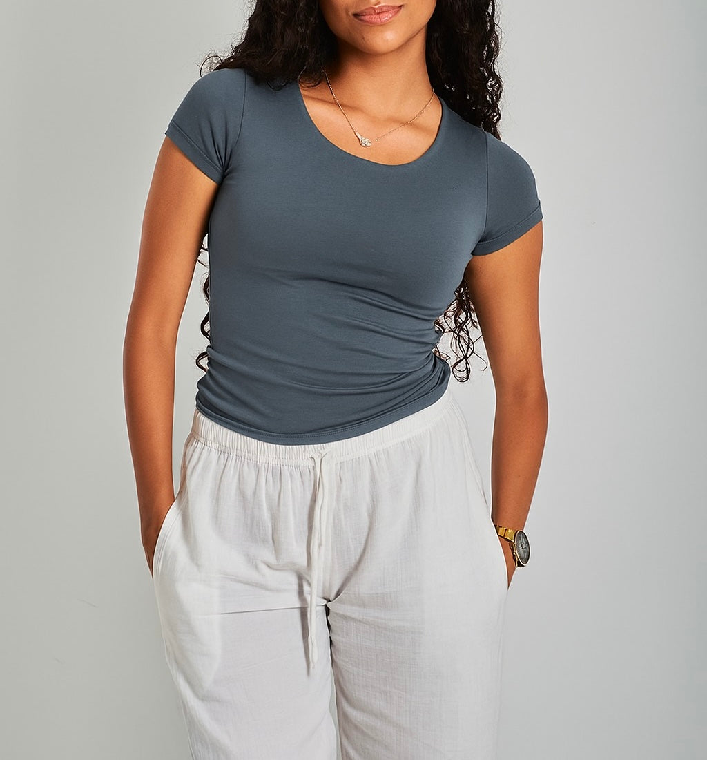 Iron Gray U -Shaped Neck Cotton Basic Top – Double Layered |