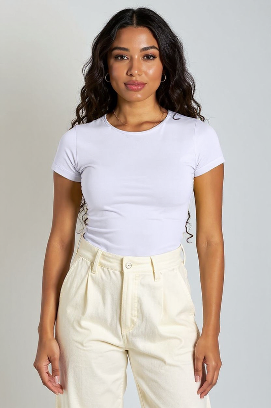 White Round Neck Cotton Basic Top – Double Layered |