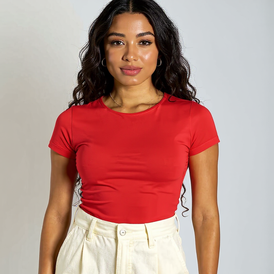 Red Round Neck Cotton Basic Top – Double Layered |