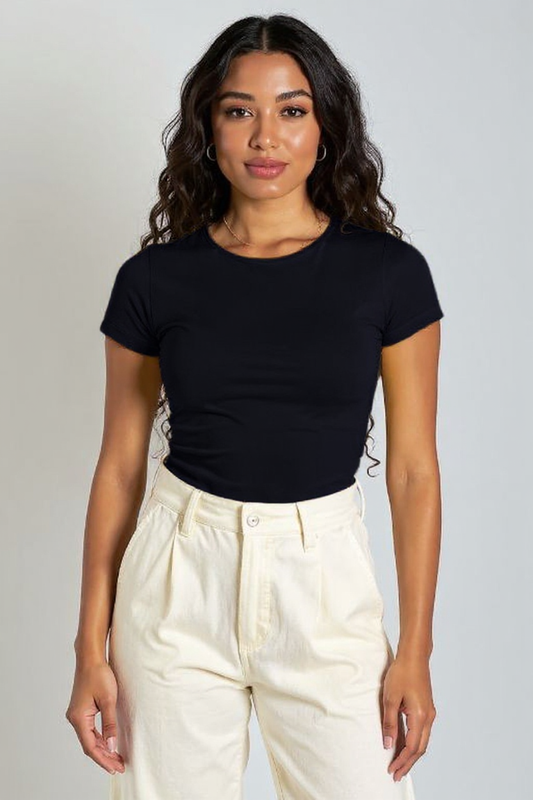Black  Round Neck Cotton Basic Top – Double Layered |