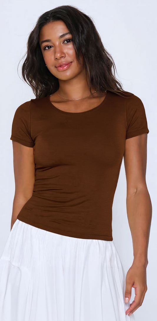 Brown U -Shaped Neck Cotton Basic Top – Double Layered |