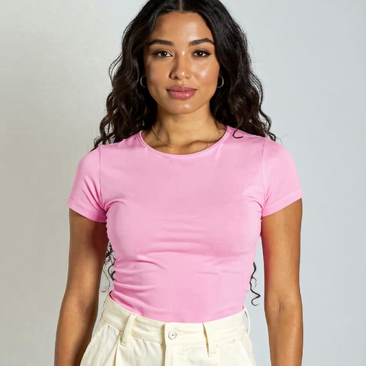 Baby Pink Round Neck Cotton Basic Top – Double Layered |