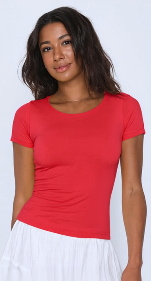 Red U -Shaped Neck Cotton Basic Top – Double Layered |