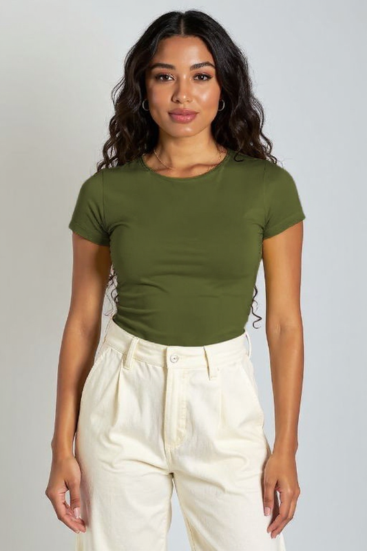 Army Green Round Neck Cotton Basic Top – Double Layered |
