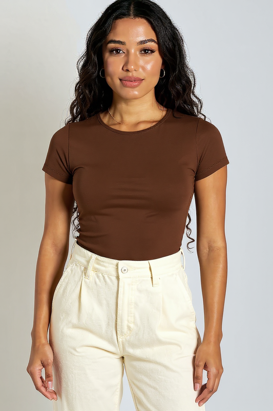 Dark Brown Round Neck Cotton Basic Top – Double Layered |