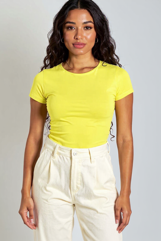 Yellow Round Neck Cotton Basic Top – Double Layered |