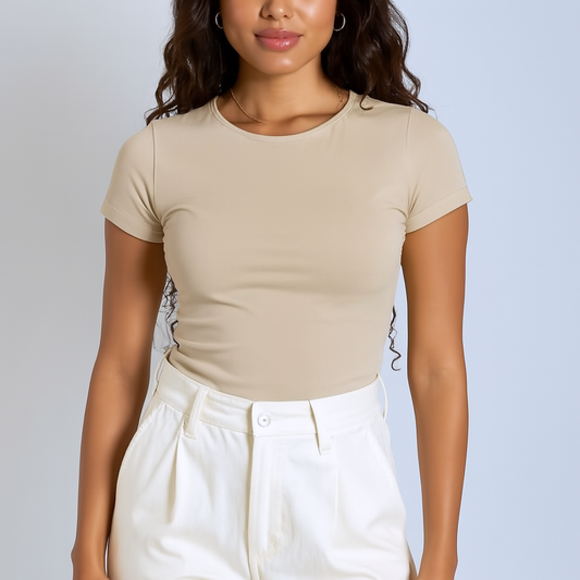 Biege Round Neck Cotton Basic Top – Double Layered |