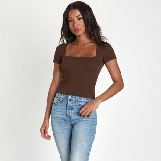 Dark Brown Square Neck Cotton Basic Top – Double Layered |