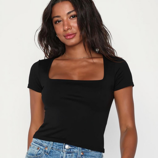 Black Square Neck Cotton Basic Top – Double Layered |