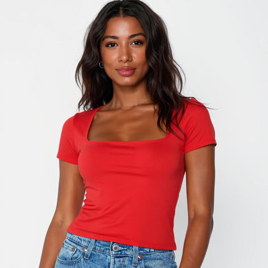 Red Square Neck Cotton Basic Top – Double Layered |