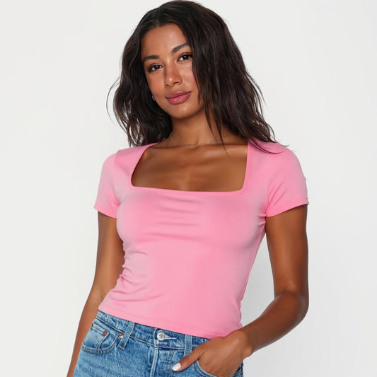 Baby Pink Square Neck Cotton Basic Top – Double Layered |