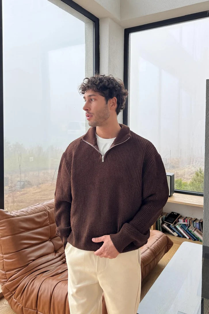 Brown  Half-Zip Knit Sweater