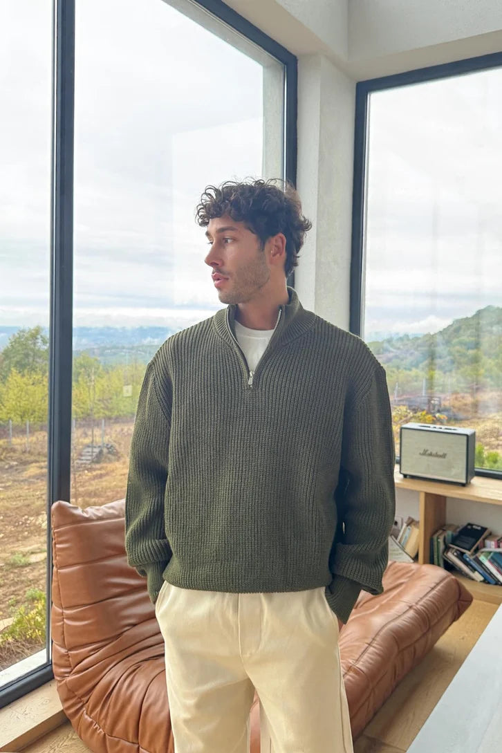 Army Green Half-Zip Knit Sweater