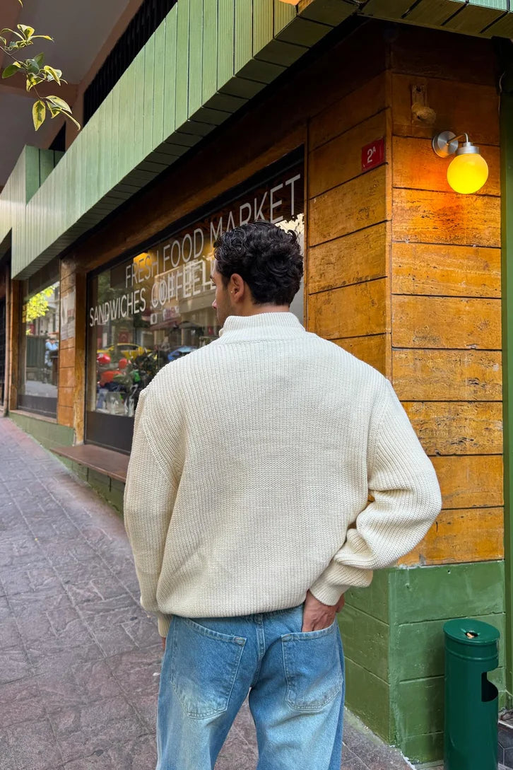 Biege Half-Zip Knit Sweater