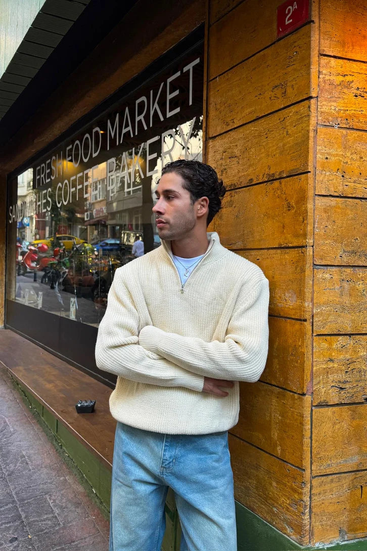 Biege Half-Zip Knit Sweater