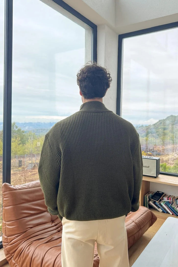 Army Green Half-Zip Knit Sweater