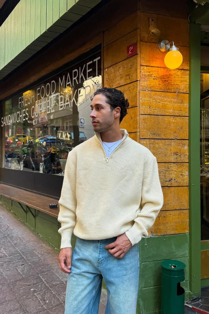 Biege Half-Zip Knit Sweater