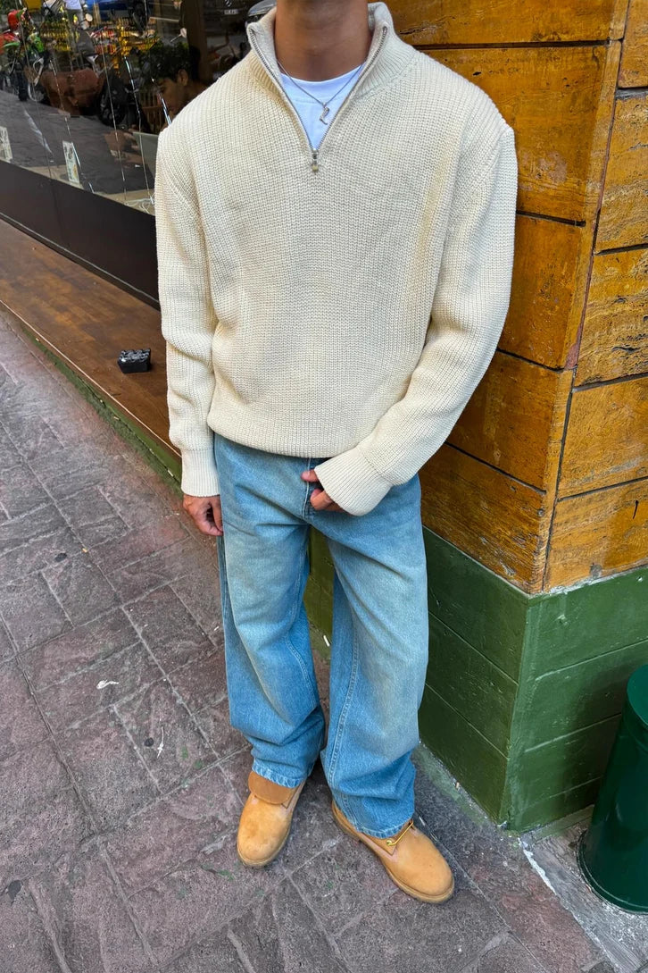 Biege Half-Zip Knit Sweater