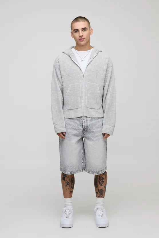 Premium Knitted Zip Up Hoodie - In Gray