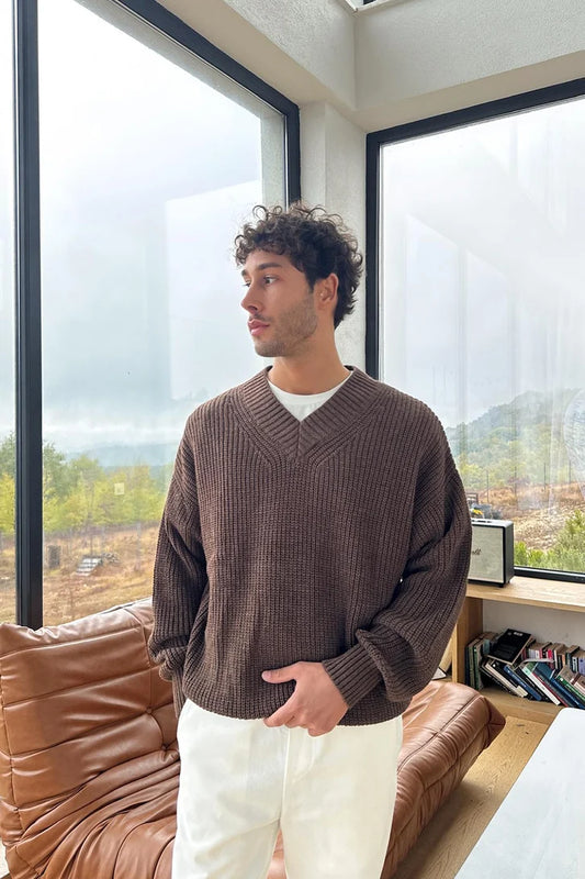 Brown Knitted V-Neck Sweater