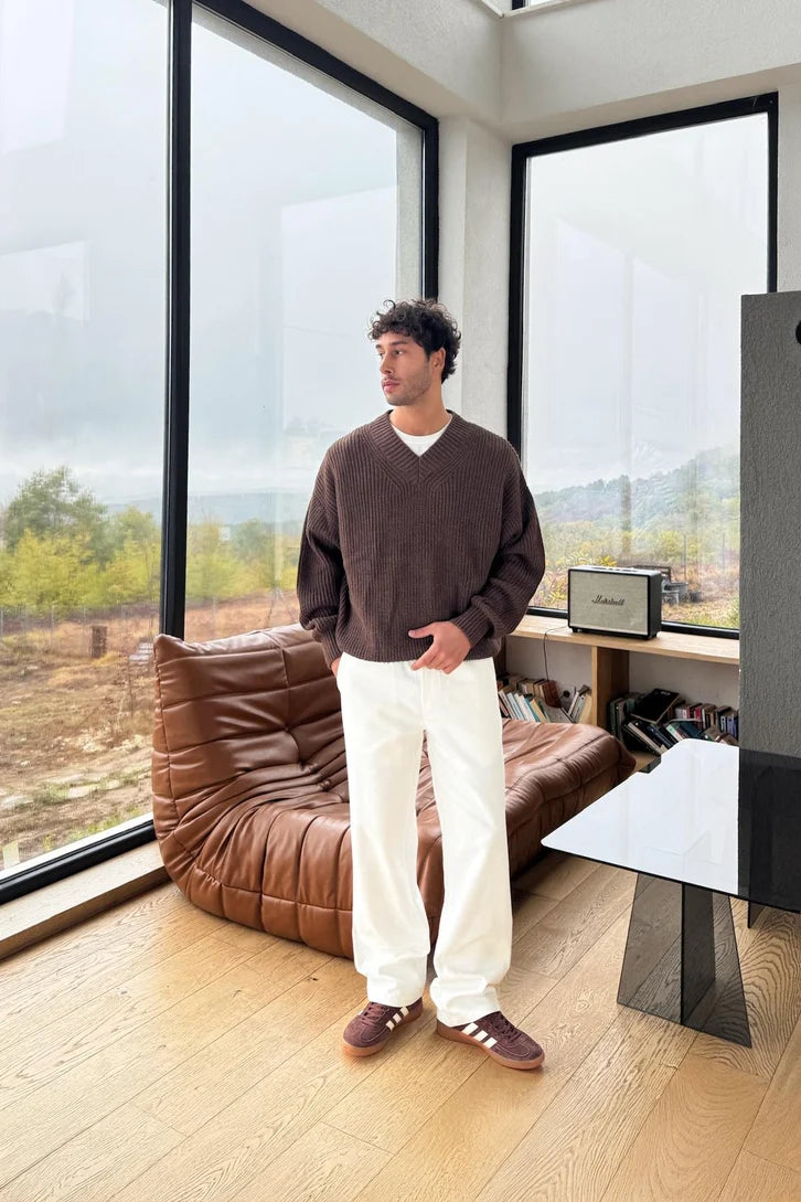 Brown Knitted V-Neck Sweater